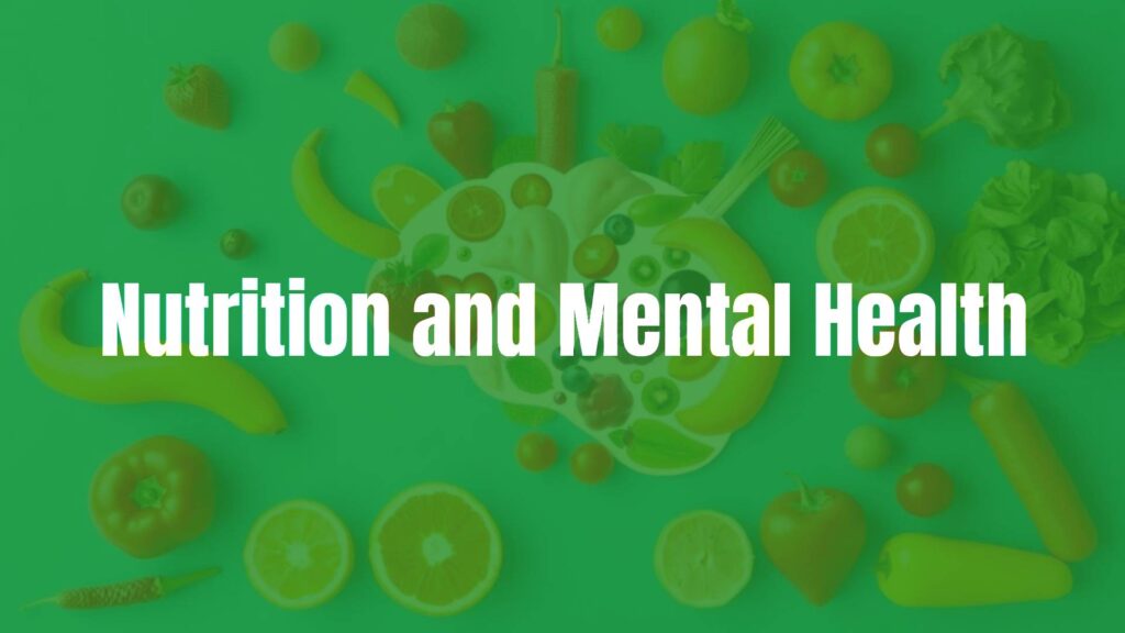 A vibrant assortment of fresh fruits and vegetables arranged artistically with a human brain silhouette, symbolizing nutrition and mental health connection, bright and uplifting, illustrative style.